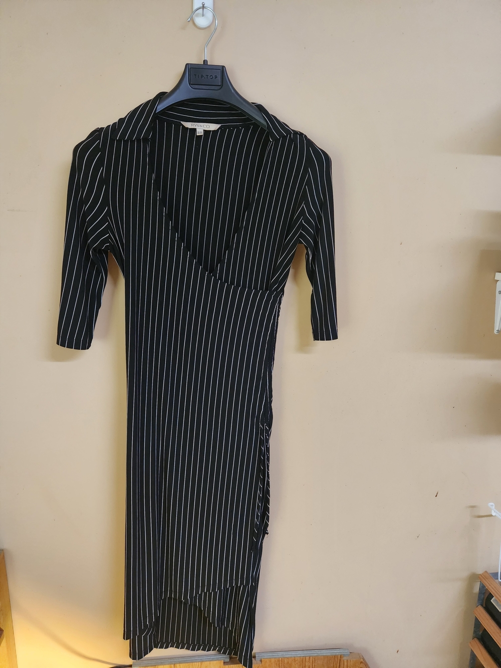 RW&CO. Black and White Pinstripe Wrap-Style Midi Dress